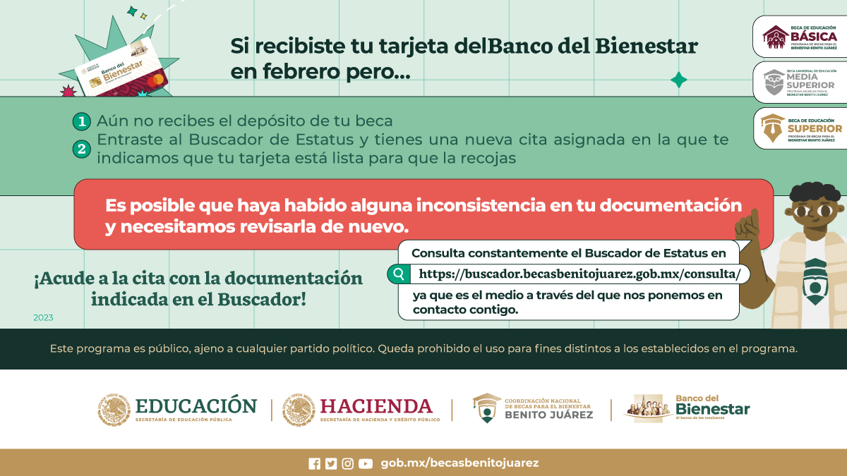 BecasBenito's tweet photo. ¿Recibiste tu tarjeta del @bbienestarmx en febrero 💳?

Si estás en alguna de estas situaciones, es posible que haya habido alguna inconsistencia en tu documentación y necesitamos revisarla de nuevo.

Consulta el #BuscadorDeEstatus en https://t.co/nXg1wSnxCT y acude a tu cita. https://t.co/taaHBshgXW