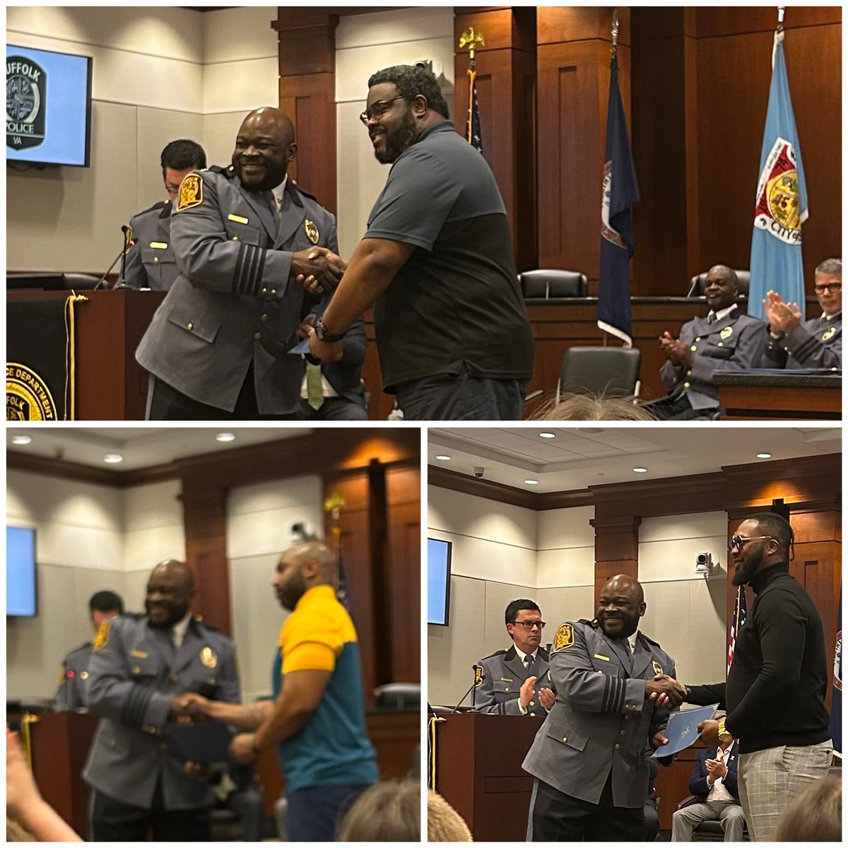EaglesFbes's tweet photo. Congratulations to Mr. Johnson @PastorGene757 and our Watch D.O.G.S. (Mr. Hurdle and Mr. Goodman) for being honored at the @SuffolkVaPD Awards Ceremony. They received The Citizen’s Award for keeping our school safe! #WorldChangers #SPScreatesachievers @drjbg3 @SufVAschools https://t.co/cyclWR5i9E