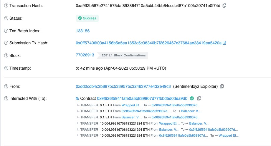 Una Wallet hackea <a href="/sentimentxyz/">Sentiment</a> pero antes realiza un transacción en Tornado Cash de ,9732 ETH para fondear su cuenta.

Posteriormente usa Sentimentxyz para hacer un swap de ETH a WETH usando el router de multichain y así usar Socker como Bridge principal hacia arbitrum en donde