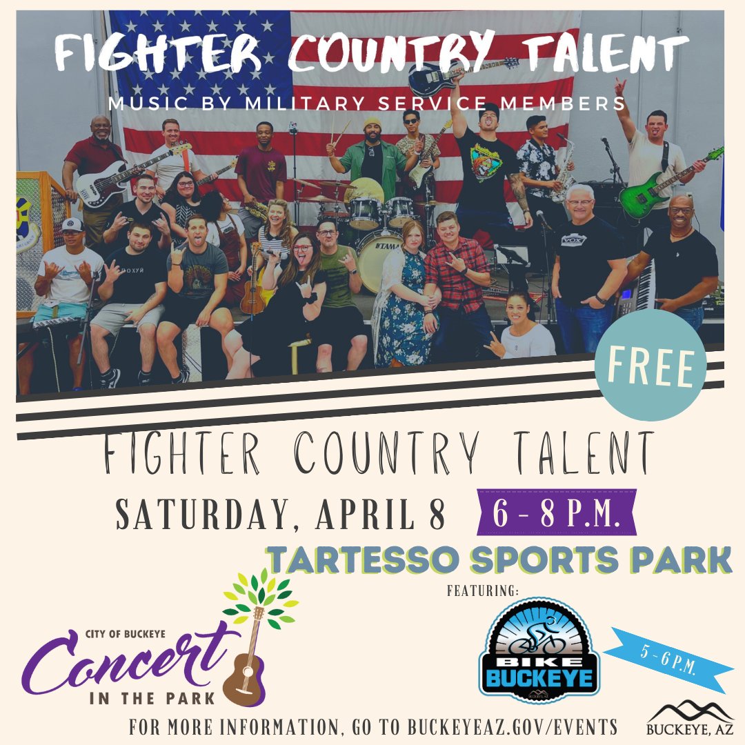 Join us for Bike Buckeye this Sat April 8! Take a ride around Tartesso with Mayor Orsborn, BPD and BFD. Registration starts at 5 p.m. at the Tartesso Sports Park. Be sure to stick around for our Concert in the Park series with Fighter Country from 6-8 p.m.