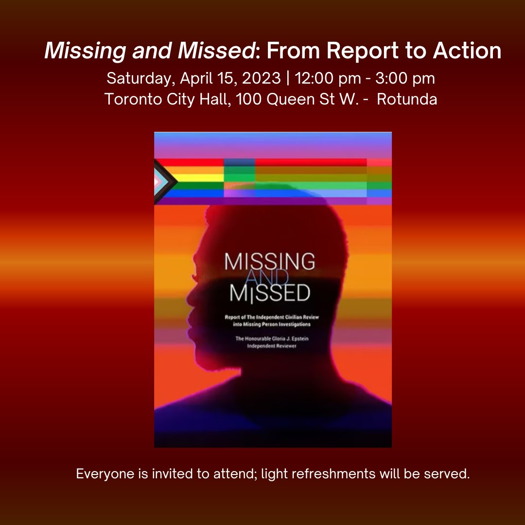 TorontoPolice's tweet image. The Missing and Missed Implementation Team (M.M.I.T.) and Toronto Police Service are hosting a community engagement event to mark the second anniversary of the release of "Missing and Missed – Report of The Independent Civilian Review into Missing Person Investigations."