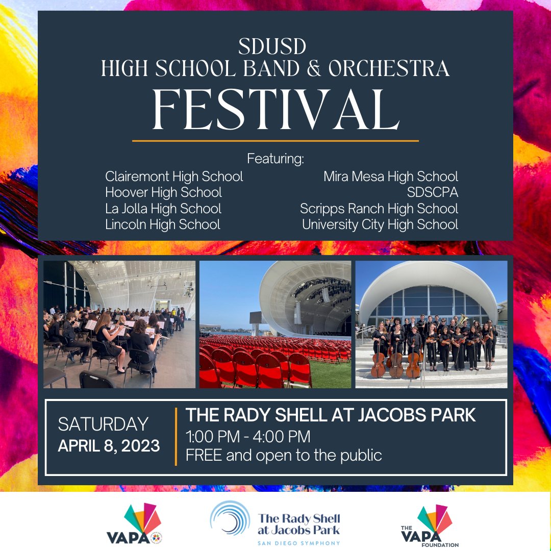 Will you join <a href="/sdschools/">San Diego Unified</a> <a href="/VAPAFoundSD/">VAPA Foundation San Diego</a> <a href="/SDUSDVAPA/">SDUSD VAPA</a> THIS Saturday (4/8) for our High School Band &amp; Orchestra Festival? Free and open to the public <a href="/theshellsd/">The Rady Shell at Jacobs Park™</a> 1-4 PM with 8 of our local high schools performing! <a href="/rsperli/">Russ Sperling</a> #musiceducation #musiced
