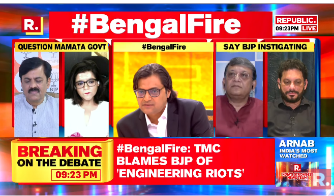 republic's tweet photo. #BengalFire | Where was the police when clashes took place in Howrah and Hooghly?: Nupur Sharma, Editor, OpIndia questions police inaction over repeated reports of violence in West Bengal - https://t.co/ATVNsc8eWJ

#BengalViolence #MamataBanerjee #BJP #TMC #HowrahClashes #Rishra #RamNavamiViolence