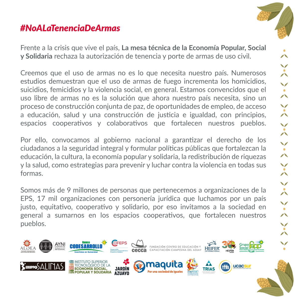 #NoALaTenciaDeArmas como organización a favor de la paz nos unimos al #rechazo de porte de armas anunciado por el gobierno nacional. Nuestros derechos humanos no están protegidos si nuestros gobernantes no ponen fin a la violencia armada. #QueremosPazNoArmas #Ecuador