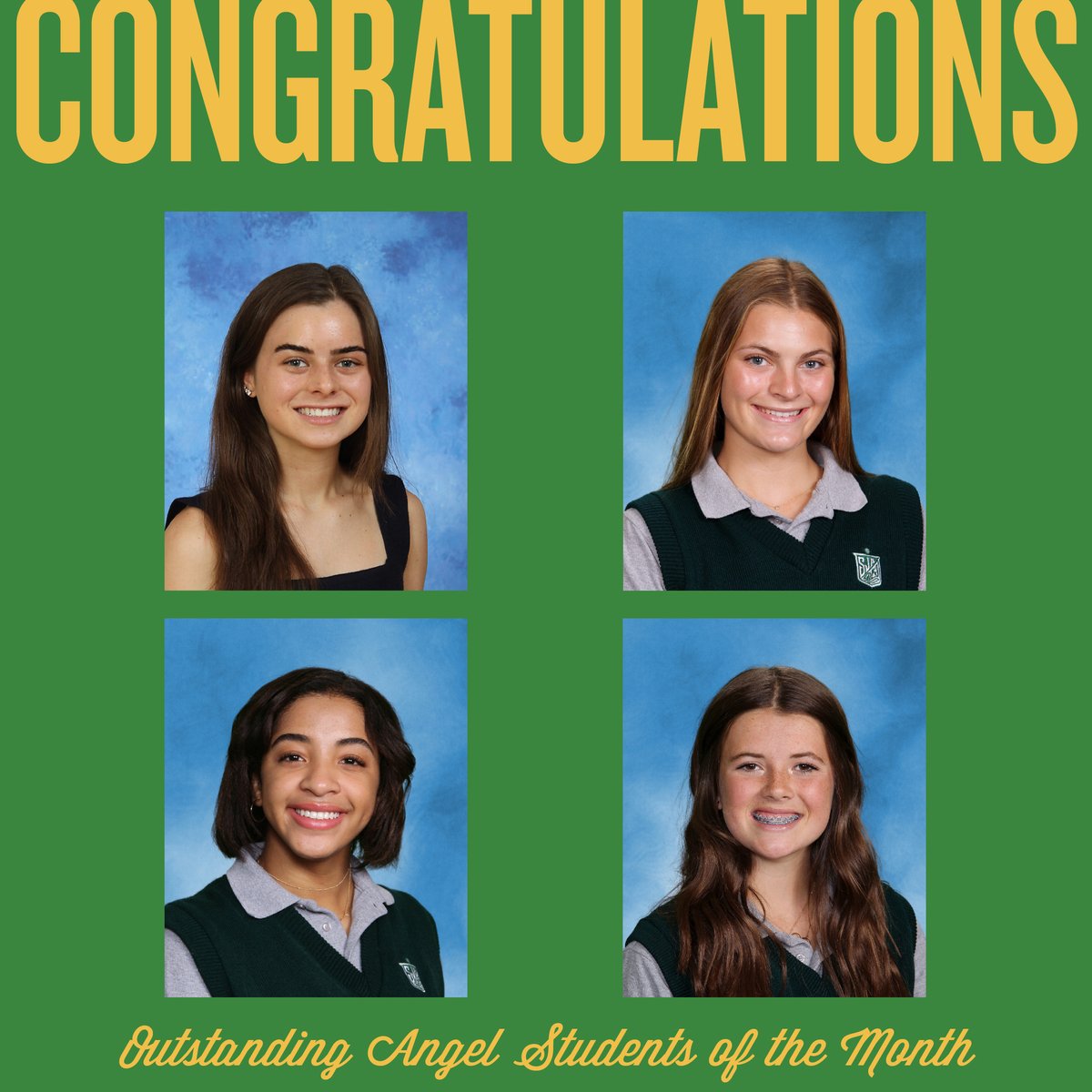 StJoeAngels's tweet photo. Yesterday during Community Time, we recognized our March recipients of the Outstanding Angel Student of the Month Award. Congratulations to Gracie L. '23, Izzy W. '24, Sydney C. '25, and Baylor L. '26!!!
Congratulations, Outstanding Angels! 💚
#NotIButWe #StrongValuesStrongWomen https://t.co/LFvckp6Cdi