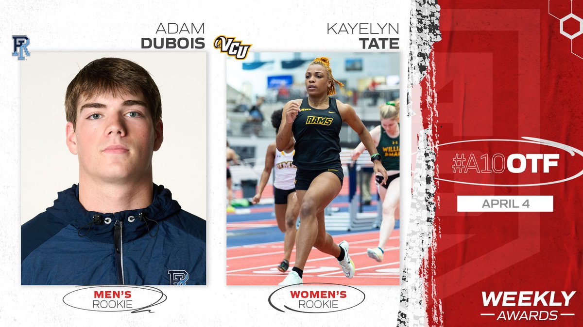 atlantic10's tweet photo. And let's not forget our rookies...the duo posted a couple nationally-ranked standout performances ⤵️

Men's #A10OTF
🎽 Rookie: Adam Dubois, @RhodyMTrack 

Women's #A10OTF
👟 Rookie: Kayelyn Tate, @VCUTracknXC 

📰: https://t.co/kqcqI3Eoxg https://t.co/cGZQSQjes7