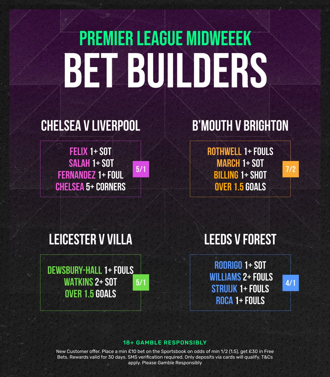 BadManBetting's tweet photo. 🔨 It's a Tuesday Bet Builder Bonanza

⚽️ Chelsea vs Liverpool 
📌 https://t.co/Ap58yFCOoz

⚽️ Bournemouth vs Brighton 
📌 https://t.co/VnhSOBP8yt

⚽️ Leicester vs Aston Villa
📌 https://t.co/9jWW45LaH5

⚽️ Leeds vs Forest
📌 https://t.co/eb2ORZfVsz

(18+, gamble responsibly) https://t.co/AaU5TBvRvb