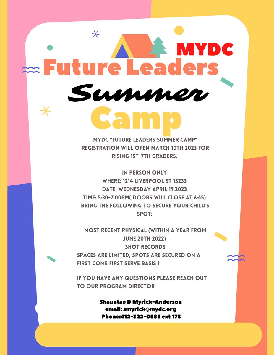 MYDCPgh's tweet photo. Don’t miss the chance to sign up for SUMMER CAMP! ☀️👏🏽 Mark your calendars for in-person registration on April 19. We hope to see you there! 
.
.
.
#PGH #summercamp #pittsburgh #summer https://t.co/dy8IkNAuvg