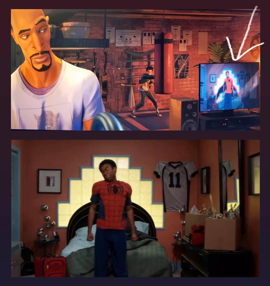 KnowYourMarvelN's tweet photo. Donald Glover would then be cast as Miles’ uncle Aaron Davis (Prowler) in the MCU 

The character of Aaron Davis (voiced by Mahershalla Ali) appears in ‘Into the Spider-Verse’ and can be seen watching the episode of Community where Glover wears a Spider-Man shirt https://t.co/CVUuIscK6E