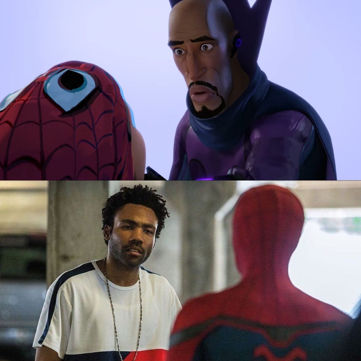 KnowYourMarvelN's tweet photo. Donald Glover would then be cast as Miles’ uncle Aaron Davis (Prowler) in the MCU 

The character of Aaron Davis (voiced by Mahershalla Ali) appears in ‘Into the Spider-Verse’ and can be seen watching the episode of Community where Glover wears a Spider-Man shirt https://t.co/CVUuIscK6E