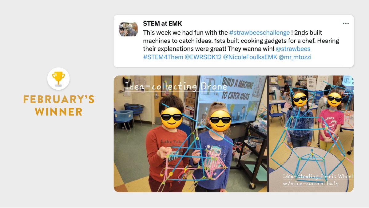 strawbees's tweet photo. 🌟🤩Congratulations to the #strawbeeschallenge Feb winners
@CiboloCreekLib,
@Makerspacemeag, and
@StemEmk! Check out our website to see their student challenges & join in the #fungineering for April! 🚀🚀🚀https://t.co/sVPgeAG8Ko
#STEM #STEMchallenge #strawbeesclassroom https://t.co/WxJUBs4Otc