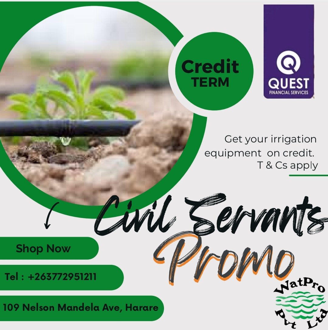 Funding in Agric ture has always been one of the limitations in irrigation <a href="/WatPro2012/">WatPro</a> and Quest Financial Services have partnered to remove that burden from the small holder farmers. For more information call or app 0733090709 or visit us at 109 Nelson Mandela