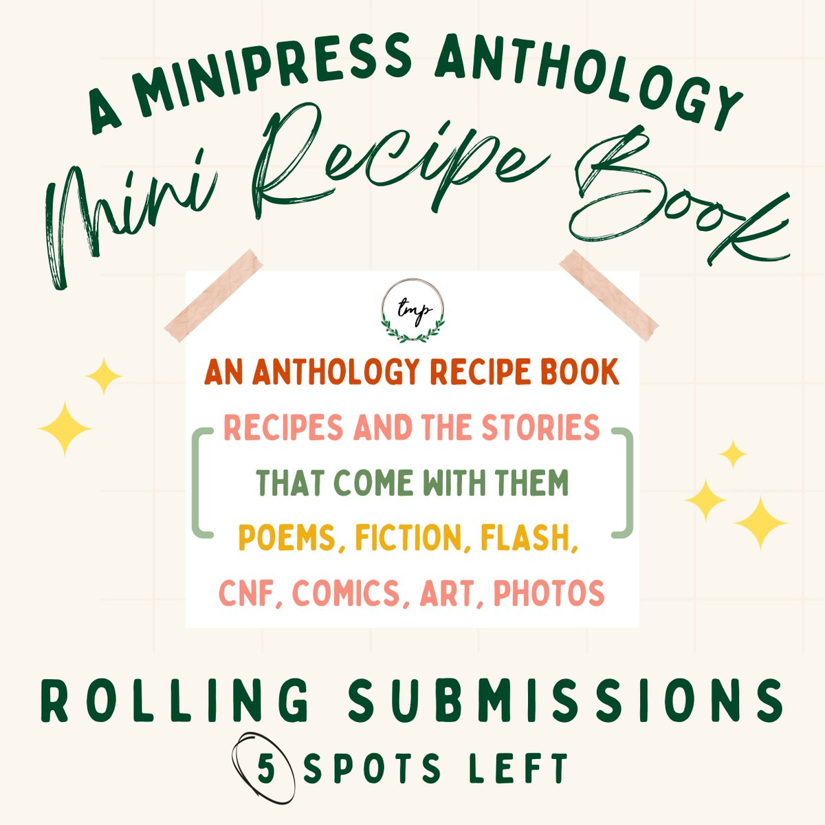 5 SPOTS LEFT. We're nearing our acceptance threshold! Our EIC had great chats with our photographer and chef liaison, and y'all? This anthology is going to look SO INCREDIBLE.

Get your recipes and stories in ASAP! theminisonproject.com/minipress

#MiniPress #RecipeAnthology #FoodWriting