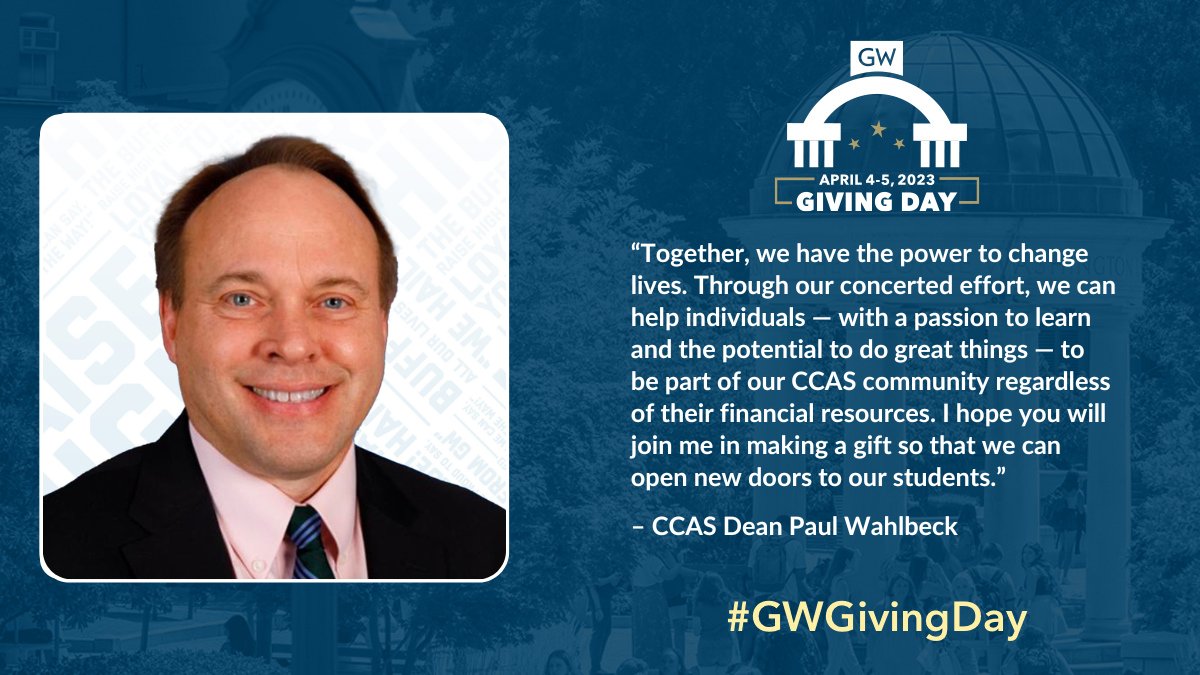 gwucolumbian's tweet photo. #GWGivingDay is here! Hear from Dean Paul Wahlbeck about the importance of alumni and donor support. Give now ➡️ https://t.co/z2FUGOOuJv https://t.co/7B9q586mMd