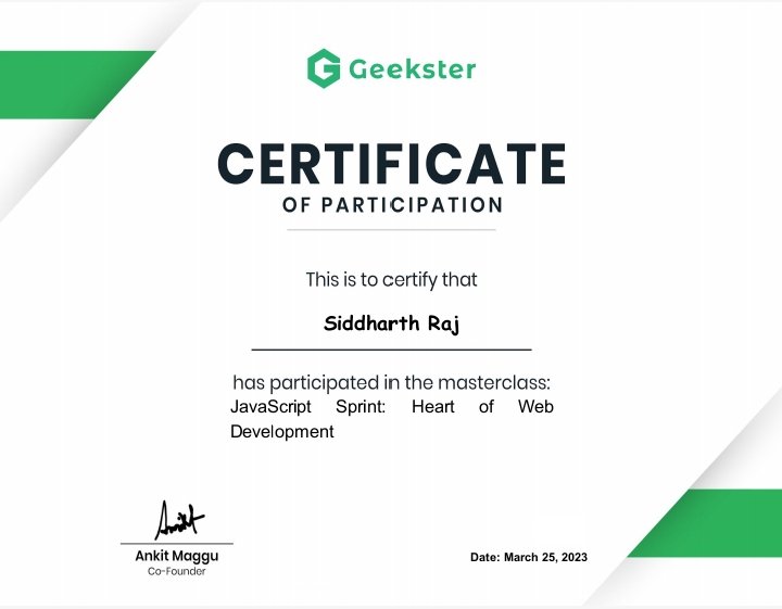 siddharthraj30's tweet photo. Participated In Online Class Of Javascript Held By GeeksForGeeks 😊 Really Excited to Start My We Development Journey 😅
#webdevelopment #html #CSS #javascript #geeksforgeeks #geekster https://t.co/nQSZFJ7v68