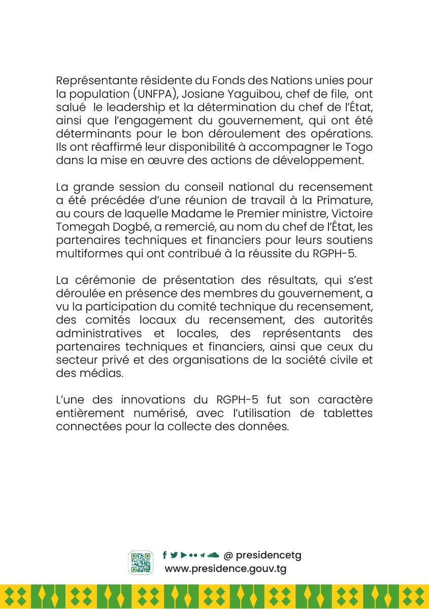 PresidenceTg's tweet image. Le conseil national du recensement a procédé ce jour à Lomé, à la présentation des résultats globaux définitifs du cinquième recensement général de la population et de l’habitat (#RGPH5).

Les précisions dans le communiqué de presse ci-dessous. ⬇️
