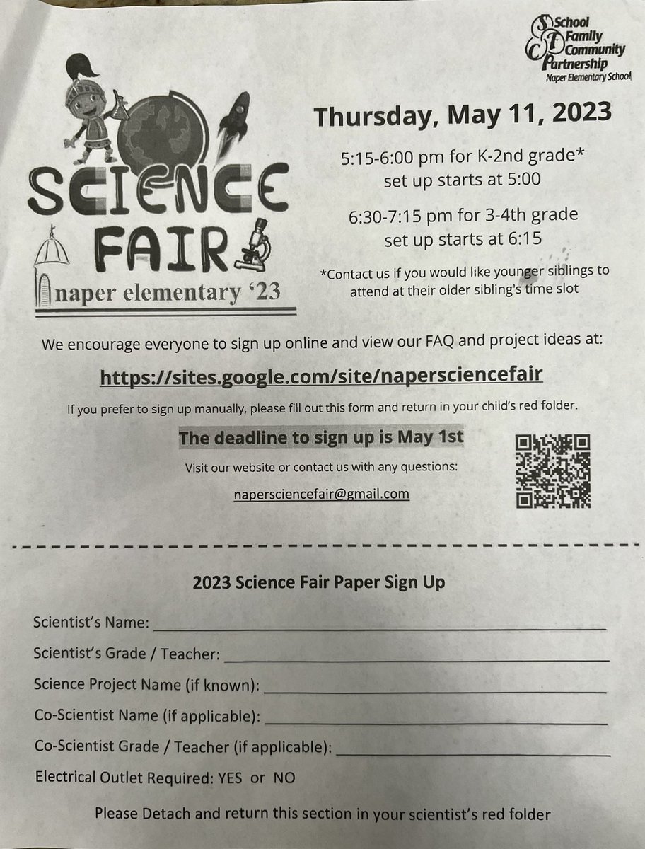 Naperscience's tweet image. Parents paper sign up forms were sent home in your child’s folders. You can fill out this form or scan the code to do it online!! @NaperCelebrates @Naperd203