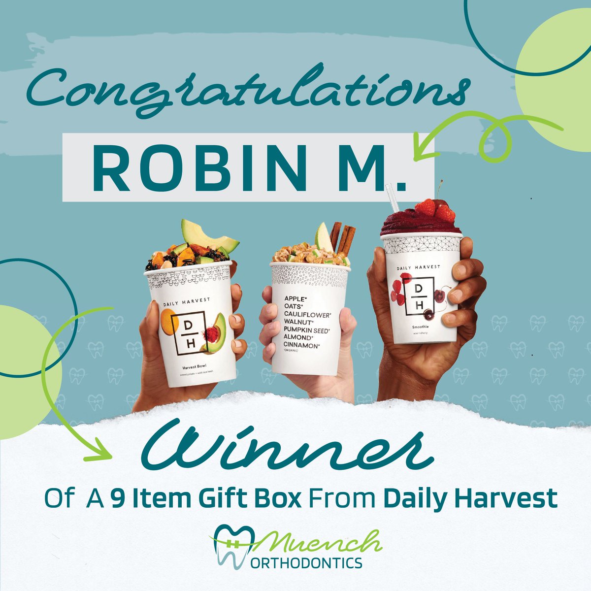 muenchortho's tweet photo. Congratulations to our @DlyHarvest contest winner, Robin M.! 🎉

We hope you enjoy your delicious gift box! 😋

#MuenchOrthodontics #DailyHarvest #ContestWinner https://t.co/V8LDPv1J5p