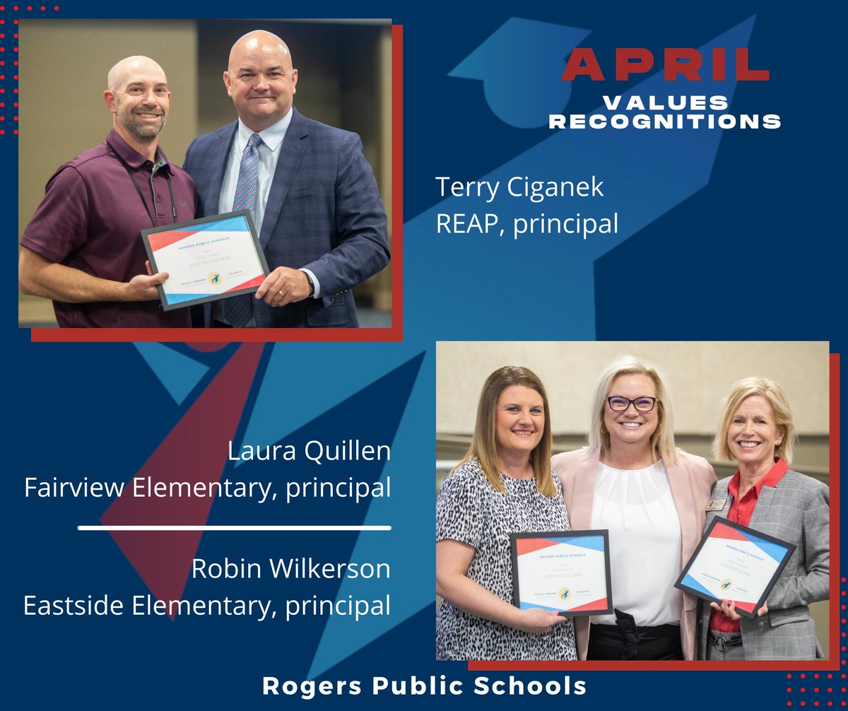 RogersSchools's tweet photo. Each month, we recognize administrators
that exhibit our district values on exceptional levels.
Our April recipients are Terry Ciganek (REAP), Laura
Quillen (Fairview Elementary School) and Robin
Wilkerson (Eastside Elementary School). Way to go,
team! #RPSshines https://t.co/P31GmkYmOF
