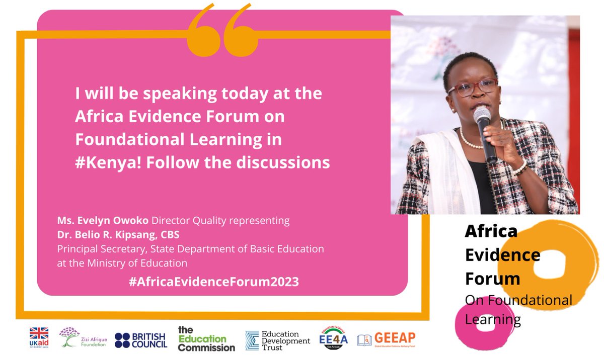 mizizielimu's tweet photo. The government is willing to support the initiatives being undertaken under Foundational Learning and Numeracy. ~ Ms Evelyn Owoko, Director Quality representing PS Belio Kipsang
#AfricaEvidenceForum2023 #FoundationalLearningForAll
#TransformingEducation #EvidenceInEducation https://t.co/g8Bad1w5Is
