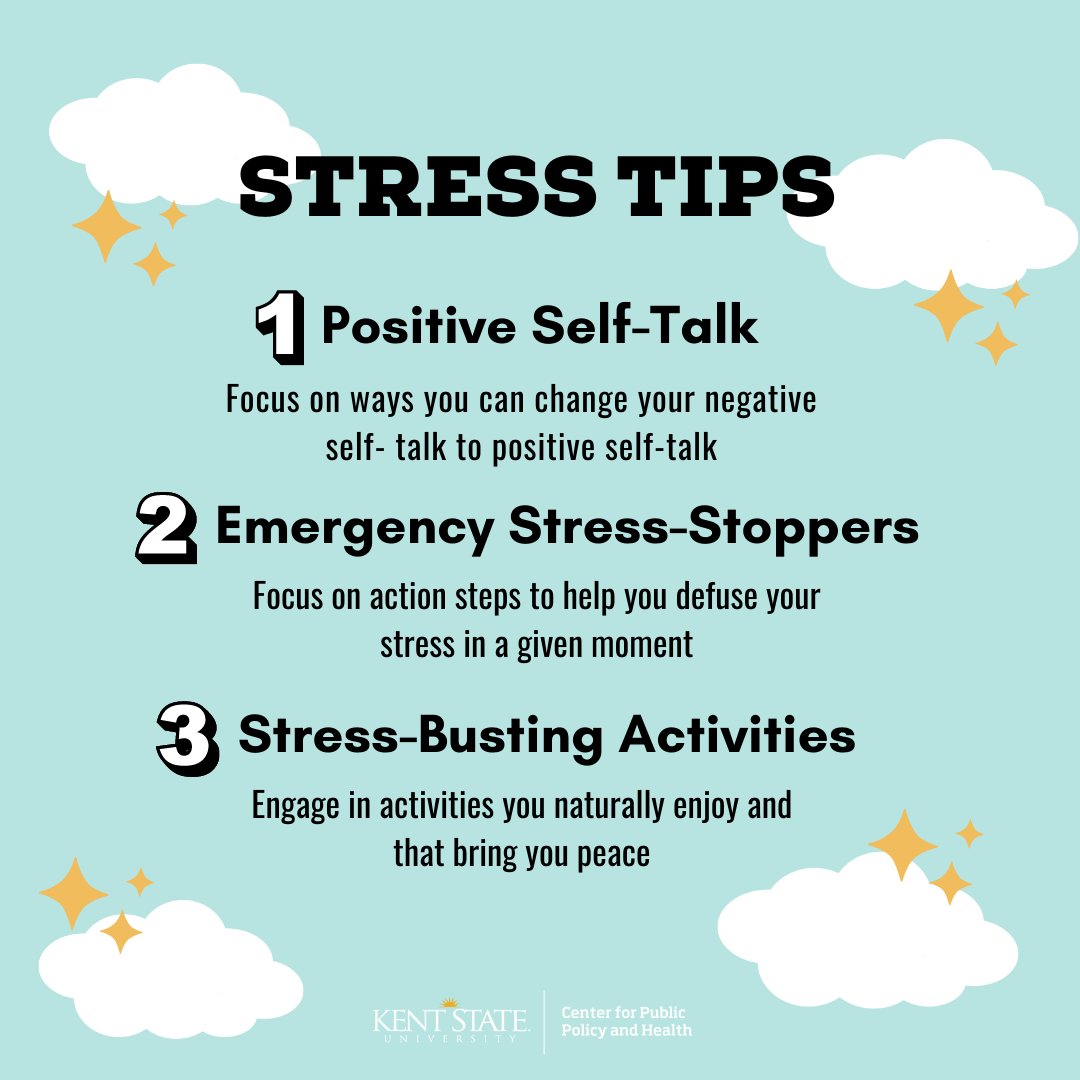 kentstatecpph's tweet photo. Stress Awareness month calls for some helpful stress tips! Here are a few ways to help manage your stress levels and promote decreased stress levels! #kentstate #kentcpph #kentmentalhealth #stressawarenessmonth #stresstips https://t.co/5cQbWbmev2