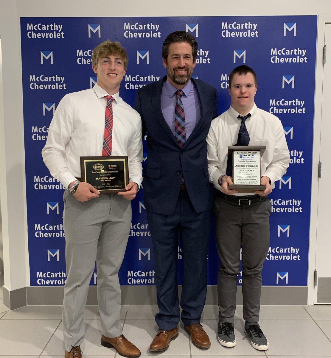 Congratulations to Hayden Jay who was a recipient of the GKCFCA Scholar-Athlete Award! Also, congratulations to Austin Tomandl who received the GKCFCA 12th Man Award! Both are great representations of these awards! Thanks to the McCarthy Auto Group for making it possible! #1-0