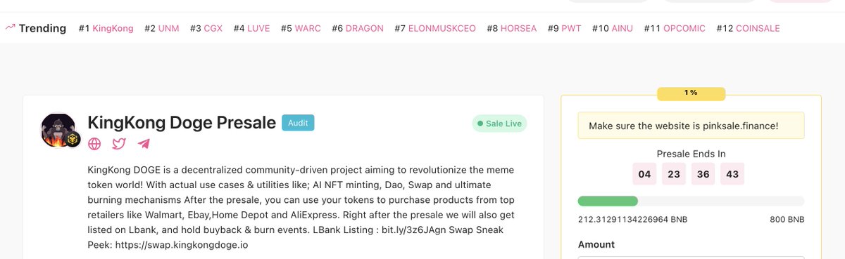 $KINGKONG is #1 on the <a href="/pinkecosystem/">PinkSale (Pink Ecosystem)</a>! 🚀

Soft Cap is completed in just a few minutes ✅

Presale continues 👇

pinksale.finance/launchpad/0xf7…