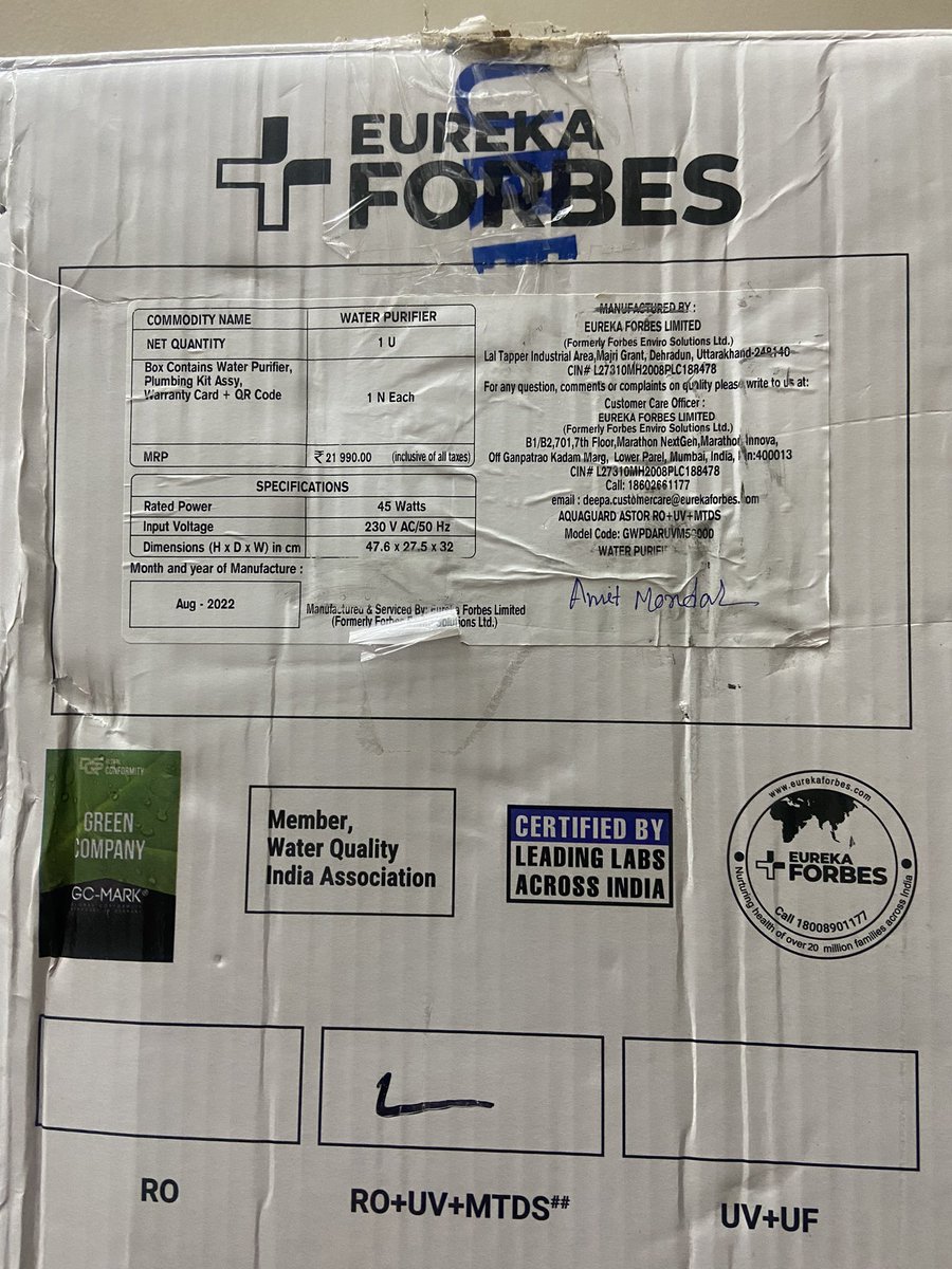 Ankita17a's tweet photo. We asked for the replacement of the second hand product named #Eureka Forbes Aquaguard ordered from #Flipkart and after several follow ups with lot of headache and in months time #Flipkart agreed to replace it and finally received the same product with more interesting facts lyk. https://t.co/R5wMBXxPXj