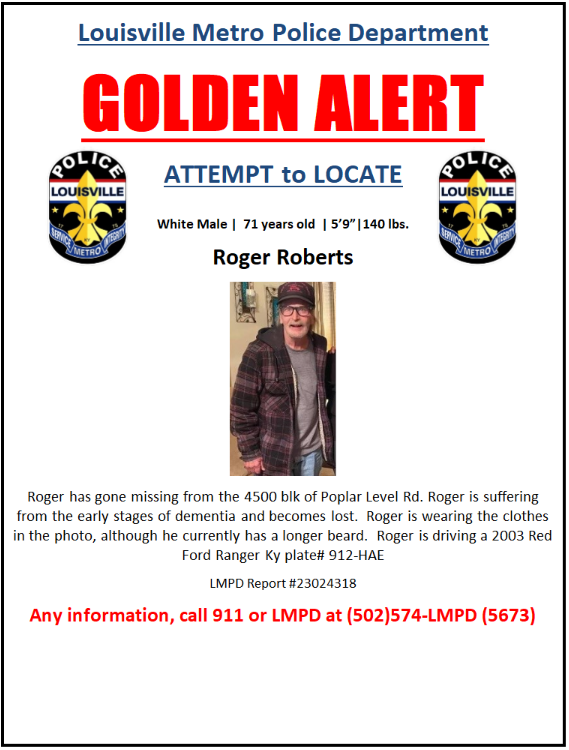LMPD's tweet photo. Please take a few moments and share our Golden Alert.
Mr. Roberts should have in the same clothes as this picture. Also, he's probably driving the Red Ford Ranger with a KY plate of 912-HAE.
Call 911 if seen! #LMPD #GoldenAlert #RT https://t.co/BKbU5OSAxj