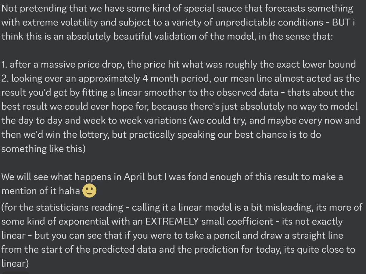 For those curious as to how our long term #bitcoin model is performing, see below. Also, enjoy a little bit of bonus commentary from a mystery analyst in our Discord.