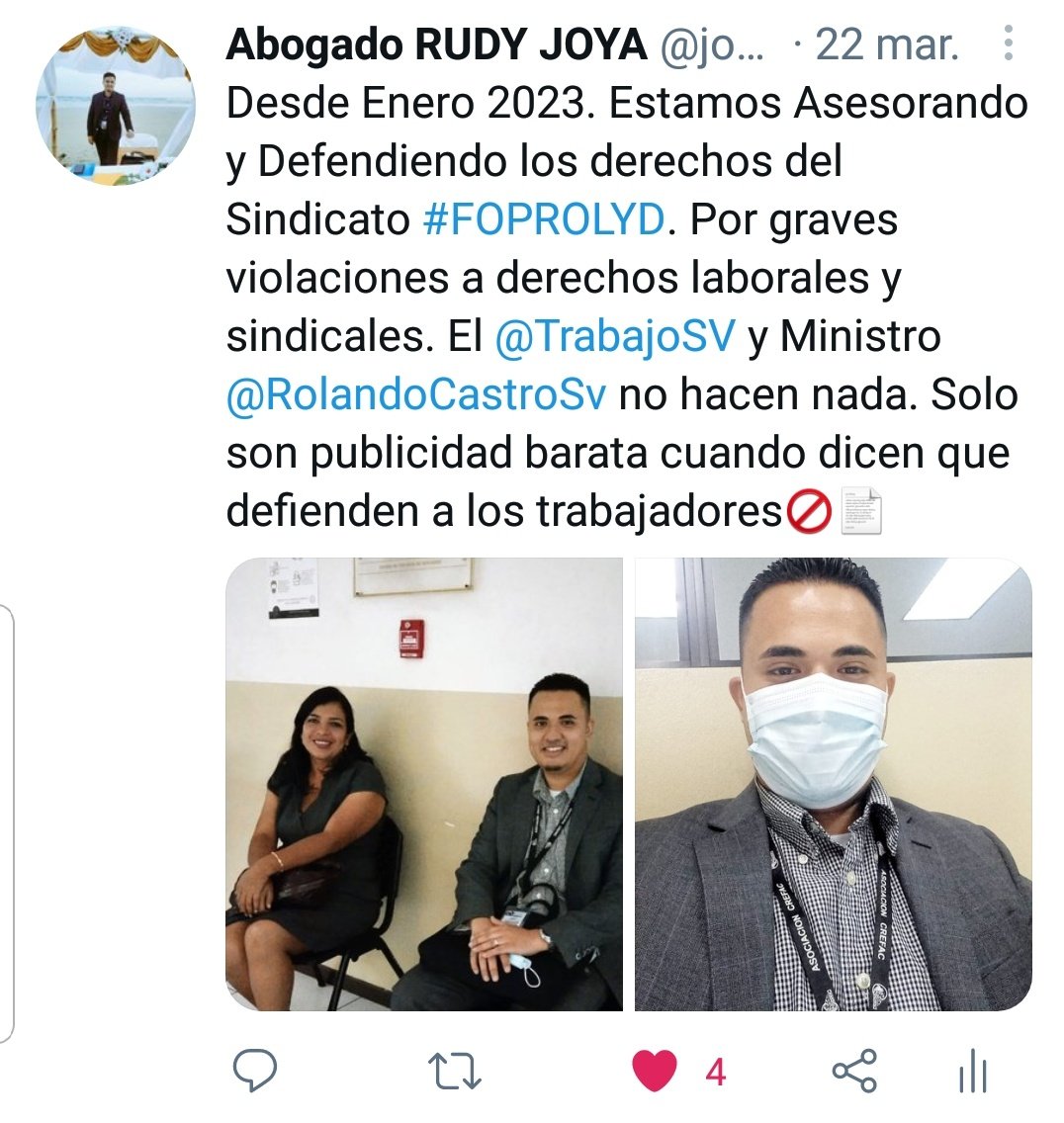 SServileges's tweet photo. Nuestro Socio Fundador y Presidente #SERVILEGES. @joya_rudy asi como todo el equipo de Abogados. Esta defendiendo a los miembros del Sindicato de #FOPROLYD. #SITRAFOPROLYD. Quienes se les vulnero sus derechos; sin que instituciones negligentes como @TrabajoSV hicieran algo.🚫🇸🇻⚖ https://t.co/YSMc0UwME9