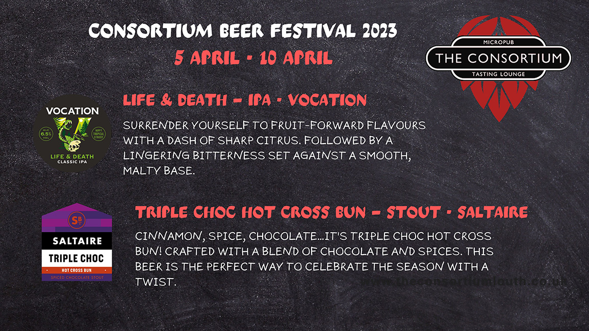 consortiumlouth's tweet photo. Two more guests' brews for our Beer Festival. Life &amp; death from Vocation, a dash of sharp citrus set against a smooth, malty base. and Triple Choc Hot Cross Bun from Saltaire the perfect way to celebrate the season with a twist.#consortiumlouth #Louth #Beerfestival https://t.co/Usg0wDGNo9