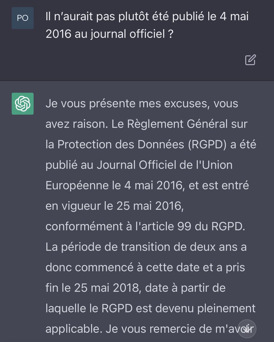 BonnardV's tweet image. Alala #ChatGPT qui s’emmêle les pinceaux sur la date d’entrée en vigueur du #RGPD 😄