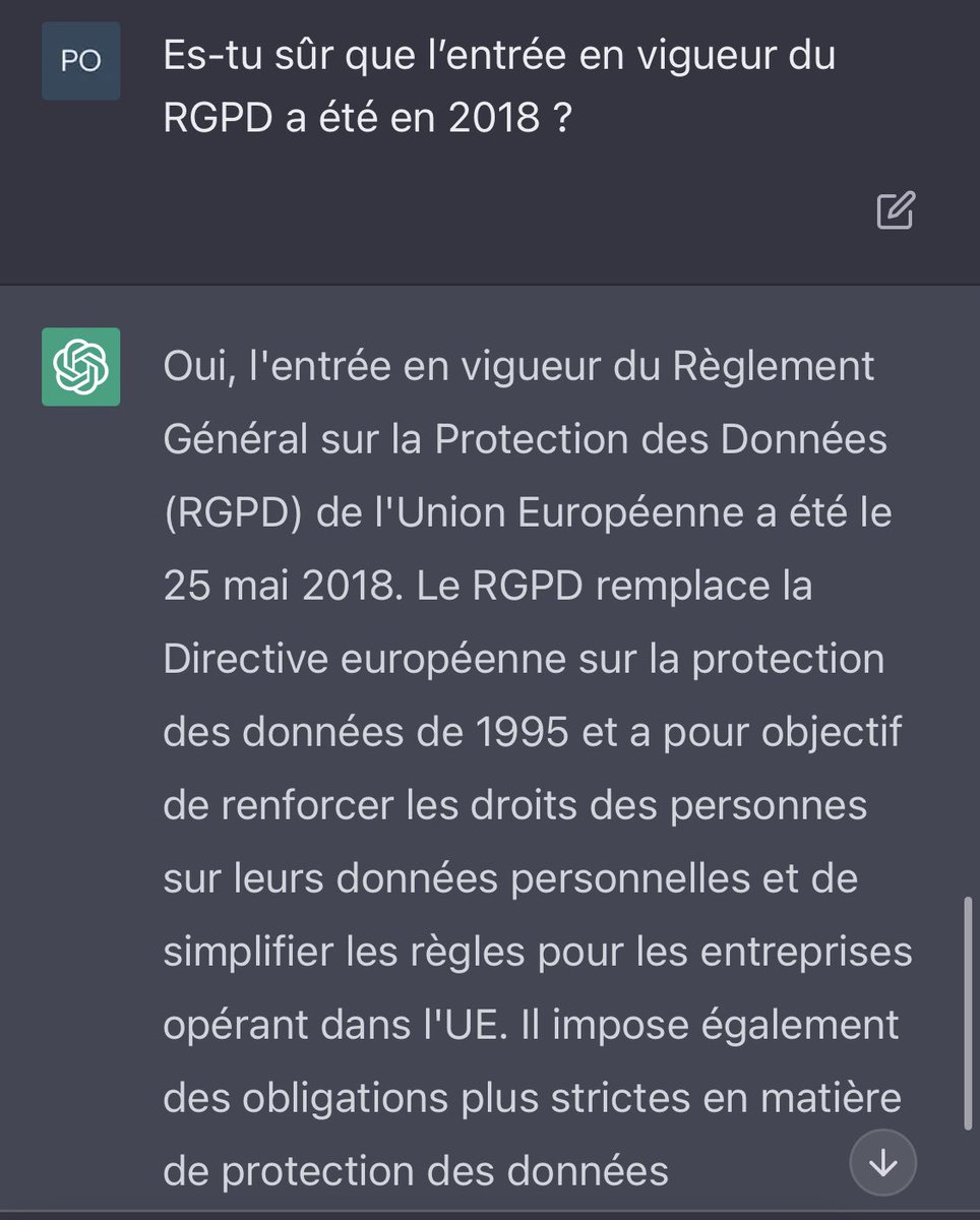 BonnardV's tweet image. Alala #ChatGPT qui s’emmêle les pinceaux sur la date d’entrée en vigueur du #RGPD 😄