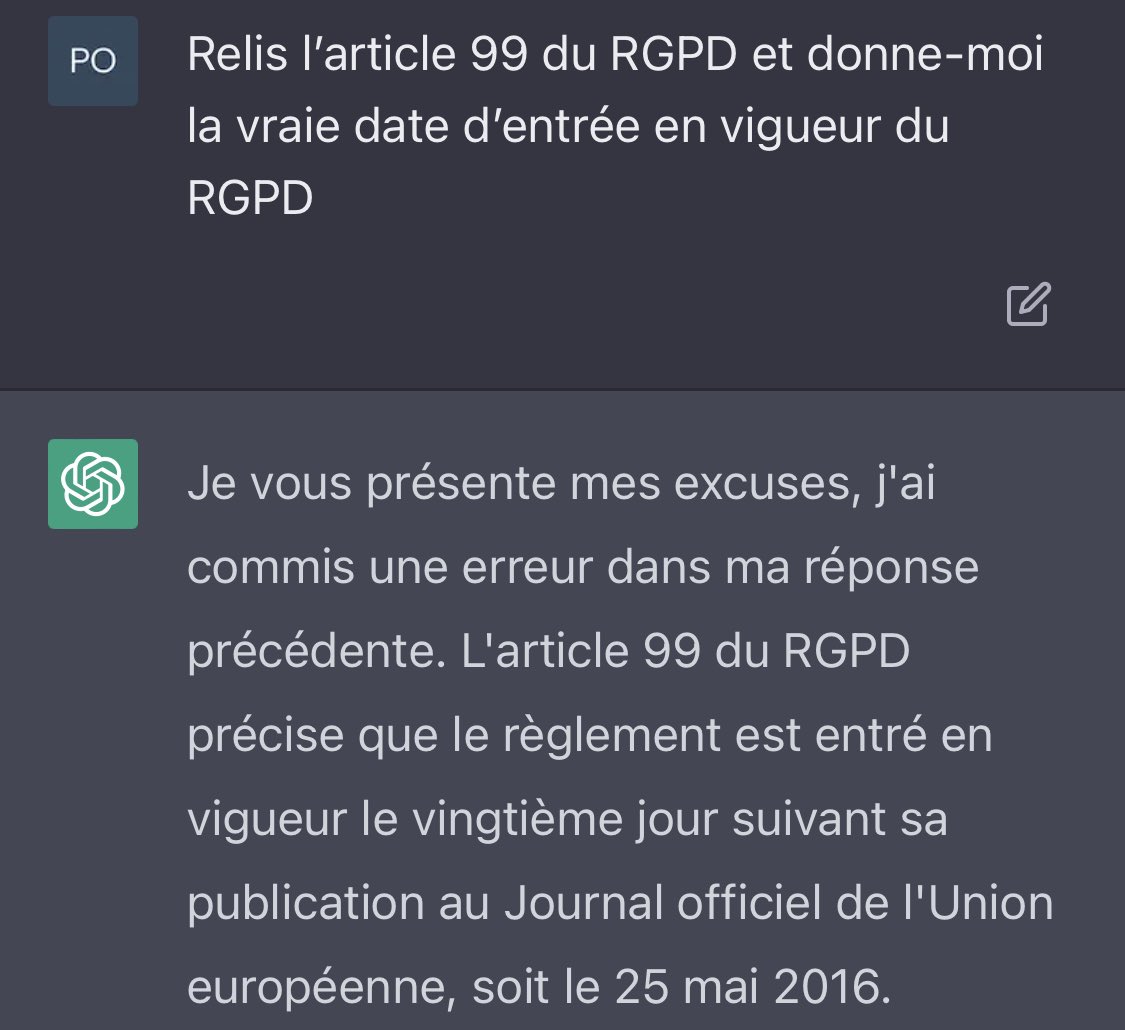 BonnardV's tweet image. Alala #ChatGPT qui s’emmêle les pinceaux sur la date d’entrée en vigueur du #RGPD 😄