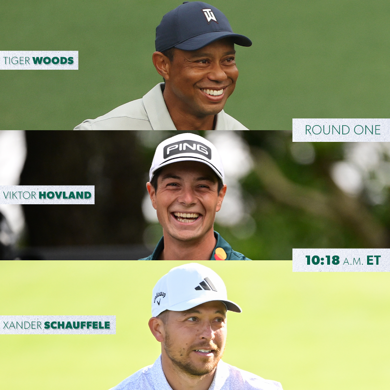PGATOUR's tweet photo. Tee times are live for #TheMasters

10:18 a.m. ET
Woods
Hovland
Schauffele

10:42 a.m. ET
Thomas
Rahm
Young

1:24 p.m. ET
Fitzpatrick
Morikawa
Zalatoris

1:36 p.m. ET
Scheffler
Homa
Bennett

1:48 p.m. ET
T. Kim
McIlroy
Burns

2:00 p.m. ET
Spieth
Fleetwood
Finau