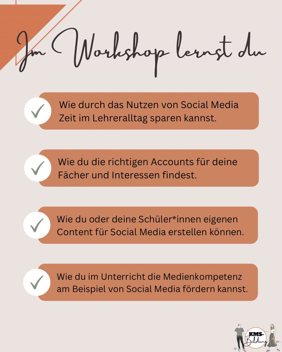 Am 13.04., um 18.20Uhr findet unserer nächster Workshop statt. In 1,5h zeigen wir an eigenen Beispielen, wie wir Social Media für uns nutzen, aber auch mit unseren Schüler*innen darüber sprechen.

Anmeldung ➡️ kms-bildung.de/produkt/social…

#twlz