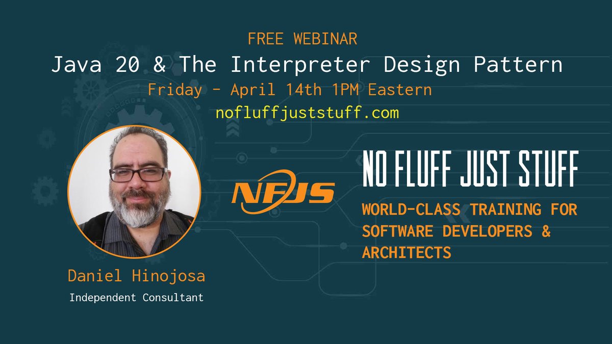 nofluff's tweet image. Join us @ 1PM ET on Friday, April 14th for another excellent #nfjs webinar, #Java  20 &amp;amp; The Interpreter Design Pattern&quot;. 

Register today @ nofluffjuststuff.com/webinar/88/jav…