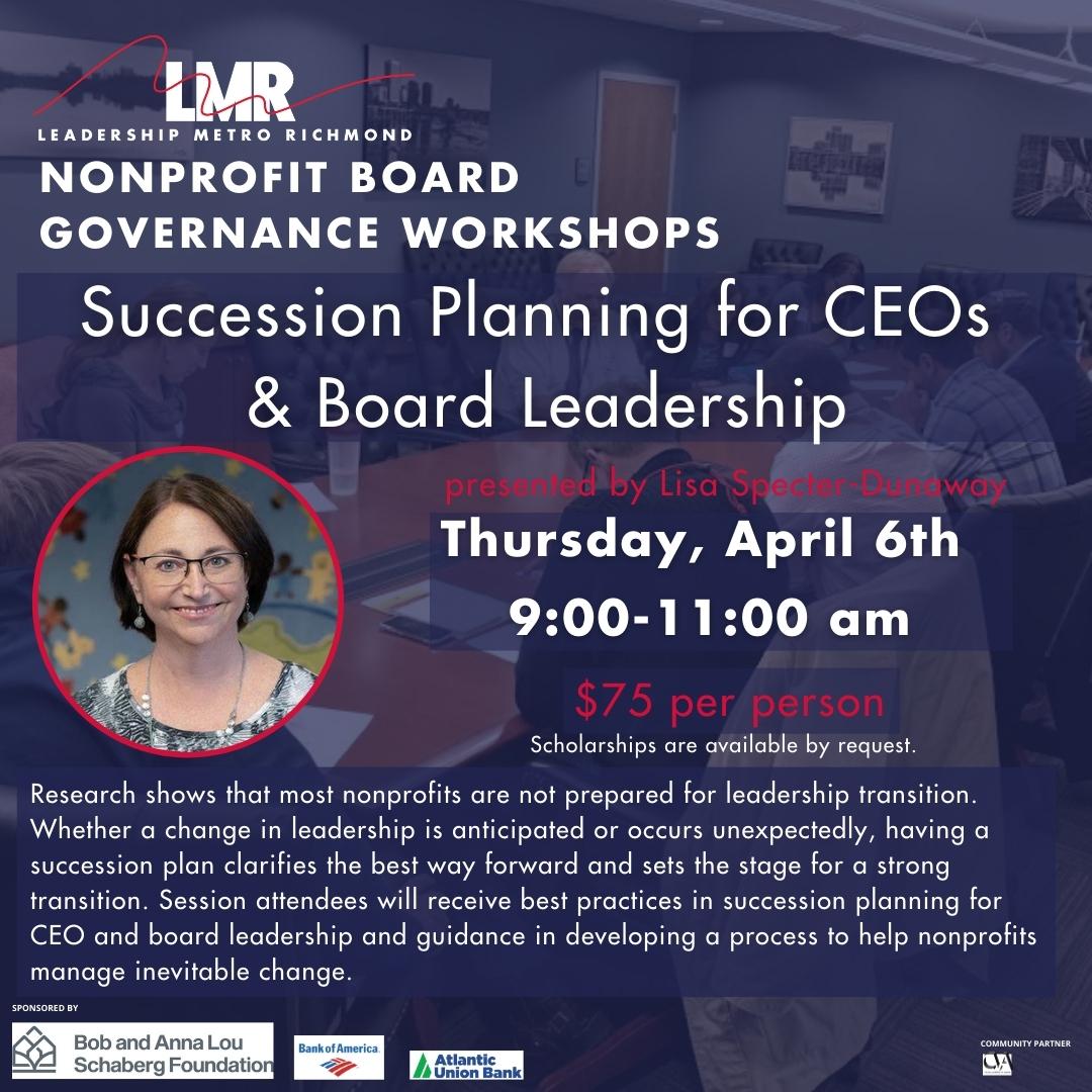 If you fail to plan, you plan to fail. Is your nonprofit prepared for leadership changes? Join us on Thursday for a workshop on Succession Planning for CEOs and Board Leadership, presented by Lisa Specter-Dunaway. Register here: lmronline.org/upcoming-events