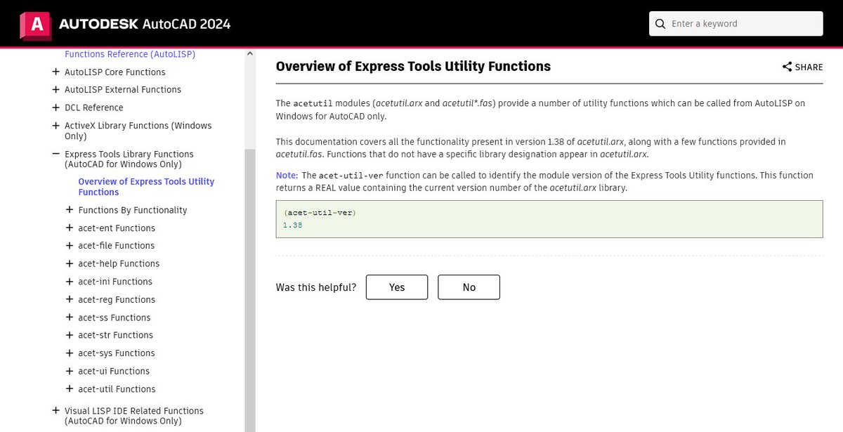 The AutoLISP Reference Guide for AutoCAD 2024 now includes the documentation for the AutoLISP functions made available with Express Tools and were previously publicly documented. This documentation was lost to time and was only available as a CHM file. help.autodesk.com/view/OARX/2024…