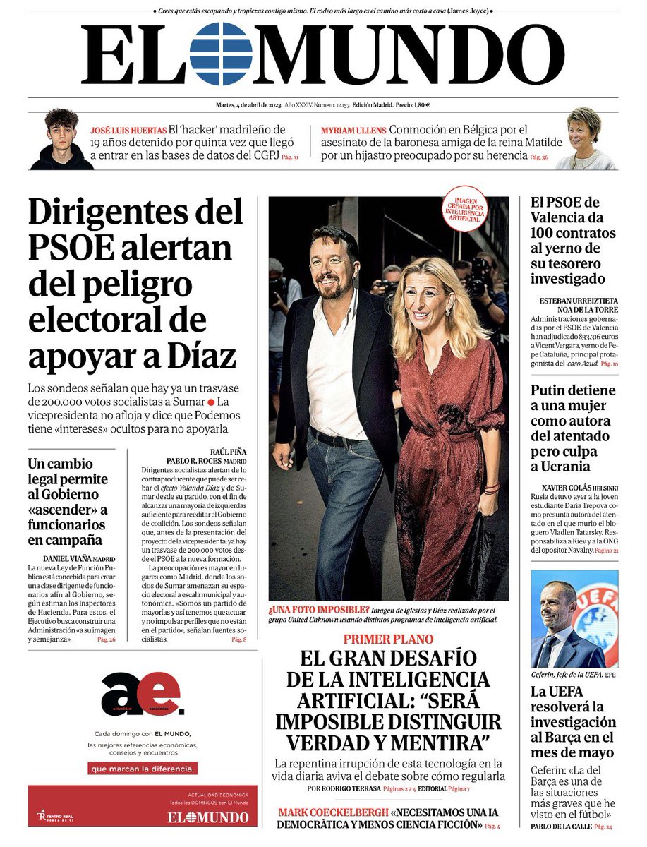 La portada de hoy de @elmundoes es, simplemente, genial. Necesaria. Y rompedora. No hay mejor forma de abordar un debate que adelantando sus efectos. elmundo.es/papel/futuro/2…