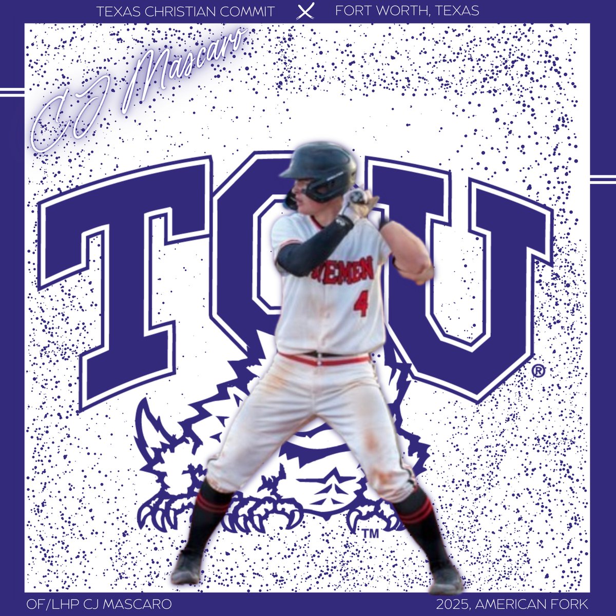 🚨𝐂𝐎𝐌𝐌𝐈𝐓𝐌𝐄𝐍𝐓 𝐀𝐋𝐄𝐑𝐓🚨

'25 OF/LHP CJ Mascaro (<a href="/cj4_mascaro/">CJ Mascaro</a>) has announced his commitment to Texas Christian University.

Mascaro is the 3rd-ranked prospect in Utah's 2025 class.

👤 loom.ly/w2-nVZQ || <a href="/TCU_Baseball/">TCU Baseball</a> 
<a href="/prepbaseball/">Prep Baseball</a> || <a href="/ShooterHunt/">Shooter Hunt</a>