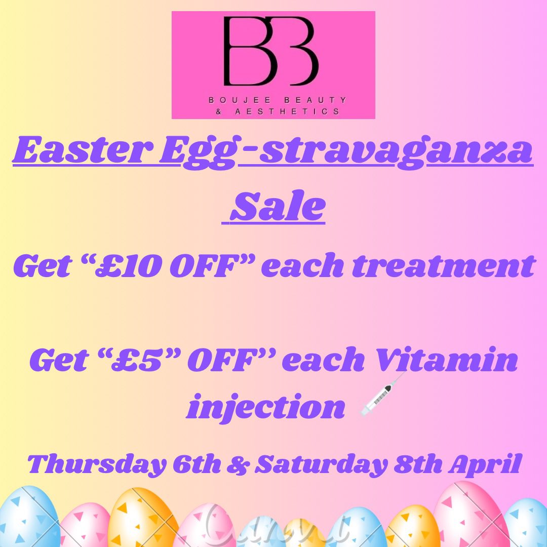 🐰🐣 Easter Sale 🐣🐰

#easter #eastersale #sale #beauty #aesthetics #SHEFFIELD #botox #microneedling #dermaplaning #hydrafacial #fatdissolving #fatdissolvinginjections #vitaminB12 #vitaminC #vitamindD #biotin