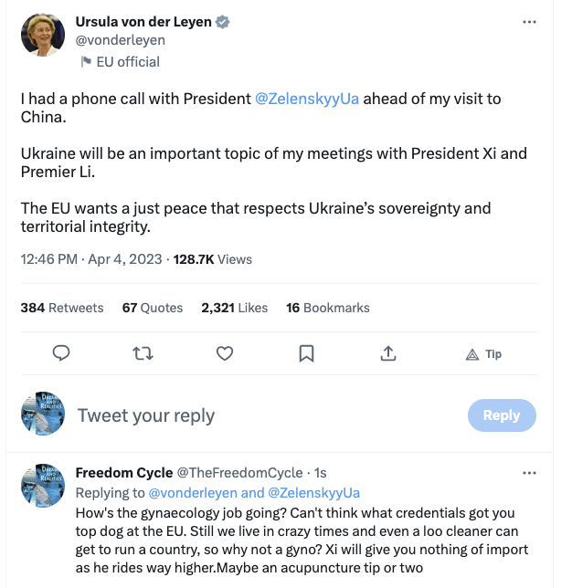 stressfreeman's tweet photo. Gynaecology expert Ursula @vonderleyen off to meet Xi - get the popcorn out - Here's the tweet I sent her. She honestly needs all the support she can muster, poor bint. I am somewhat of a bullshitter myself, but it's good to sit back and listen to a true professional https://t.co/gKHhsmeeC9