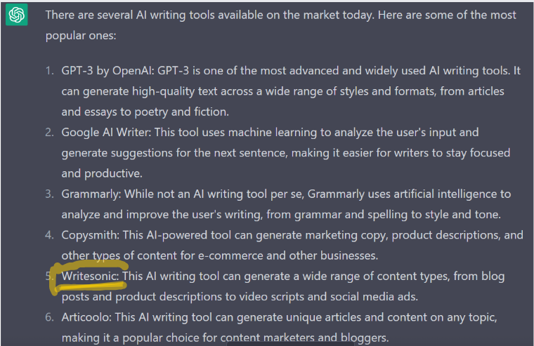 margin_ind_in's tweet photo. @WriteSonic #marginrewards #AI #GPT4 #AITools #writing
When it comes to catchy style of writings, #writesonic is the only tool I use it & it's my favorite. Also you have many features which are very helpful
***
I asked #ChatGPT, what are the TOP AI writing tools.
Here's the response, https://t.co/42gocWwJho