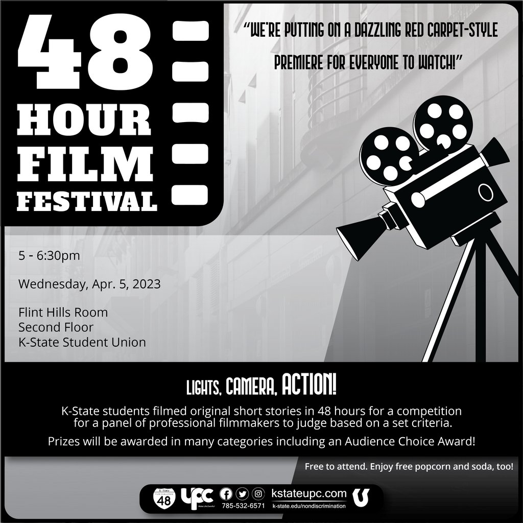 Join us for a red carpet premiere to celebrate the short films created by K-State Students at the 48-Hour Film Festival! ⁠TOMORROW, April 5th, 5 - 6:30 pm⁠, Flint Hills Room, K-State Student Union⁠ #MakeLifeEventful #UPComingEvent #FilmFestival