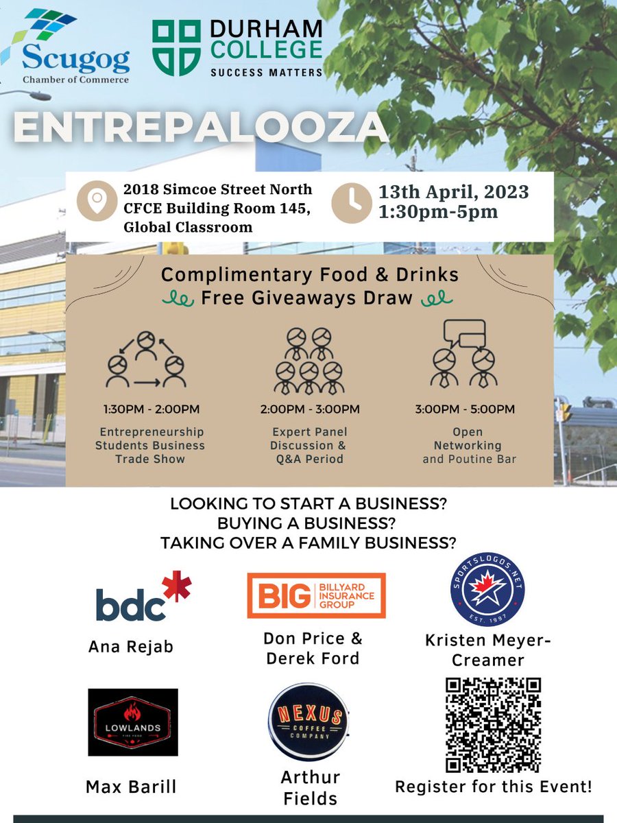 DC_FBUS's tweet photo. Come and Join us next week on April 13th at 1:30 for Entrepalooza! Network, enjoy free food &amp; drinks and learn everything you need to know about starting your own business!
#durhamcollege #networking #DCproud

Registration info: https://t.co/oJ6HY1Goi1 https://t.co/27THM958dD