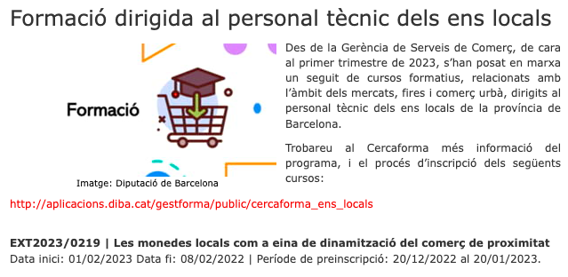 El primer trimestre de 2023, la <a href="/diba/">Diputació de Barcelona</a> va posar en marxa el curs formatiu per la implementació de monedes locals. Els companys de l'<a href="/observatoriomc_/">Observatori de la Moneda Complementària</a>  n'<a href="/augustcorrons/">August Corrons</a> i <a href="/LluisMuns/">Lluis Muns</a> van impartir-lo seguint els principis de la guia recentment editada: diba.cat/web/comerc/mon…