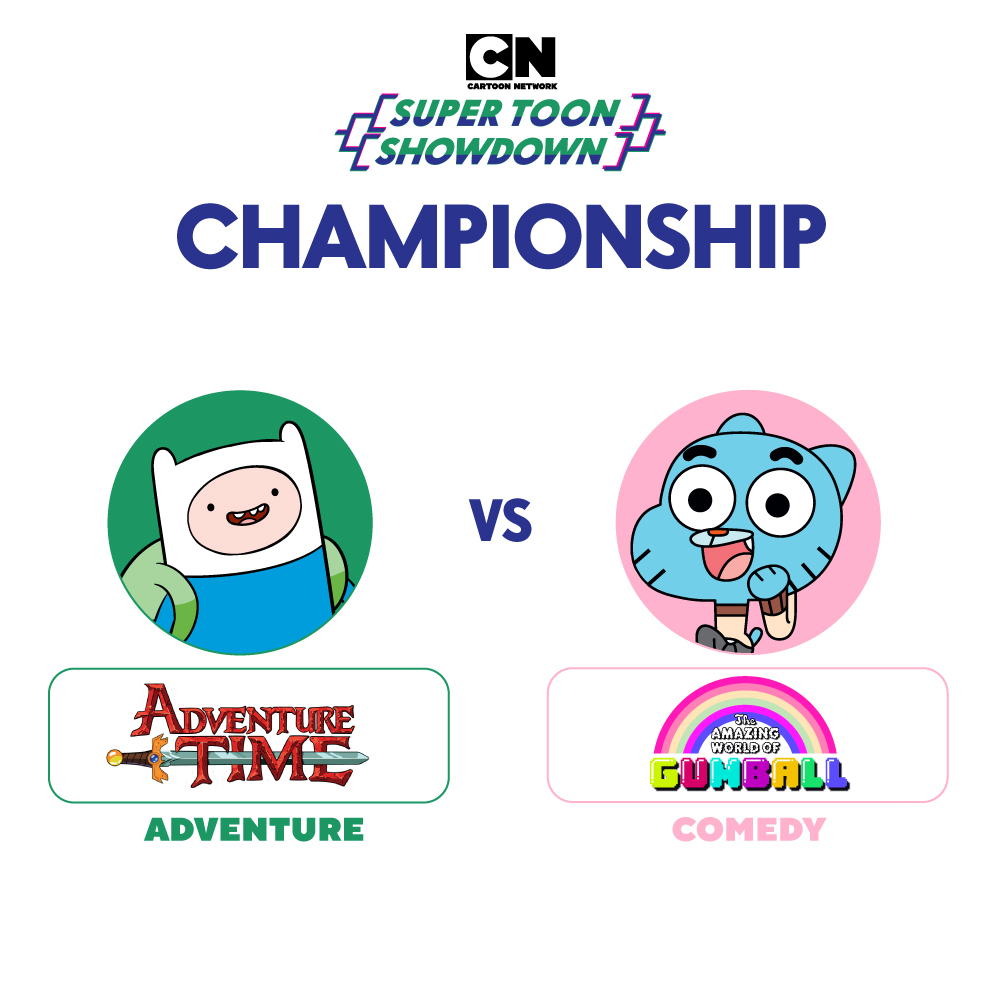It's Adventure Time vs. Gumball in the #CNShowDown Championship! 🧑🐕🤜💥🤛🐱🐡 FINAL VOTING BEGINS NOW on our IGS! 

#CartoonNetwork #CNSuperToonShowdown #Basketballbracket #MarchMadness #bracket #90scartoons #2000scartoons #cartoons #AdventureTime #AmazingWorldofGumball