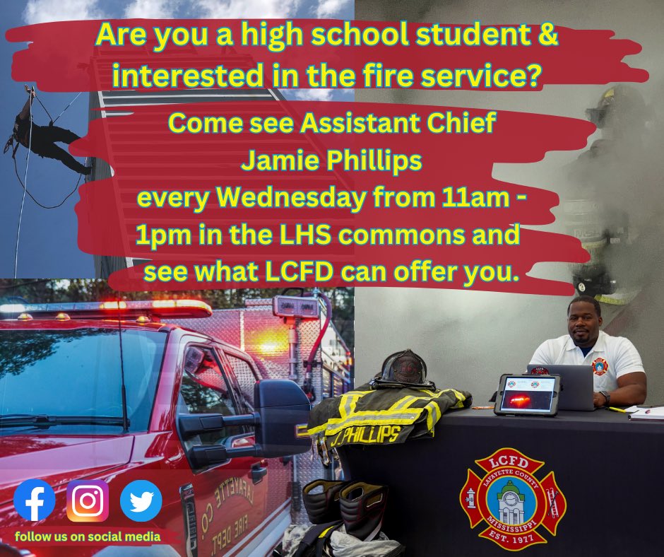 LafayetteCo_FD's tweet photo. 🏫Are you a high school student and interested in the fire service? Assistant Chief Jamie Phillips will be in the Lafayette High School commons every Wednesday from 11am - 1pm for you to ask questions.👨‍🚒 🚒 https://t.co/3Aq7LBEAUY